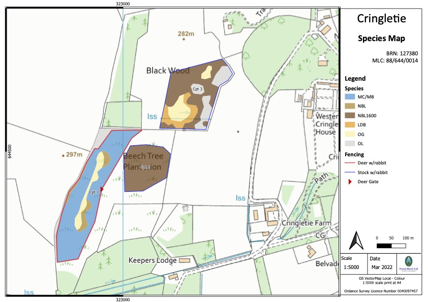 Map showing the tree species planted at Cringletie Farm in the Scottish Borders by Forest Direct Ltd